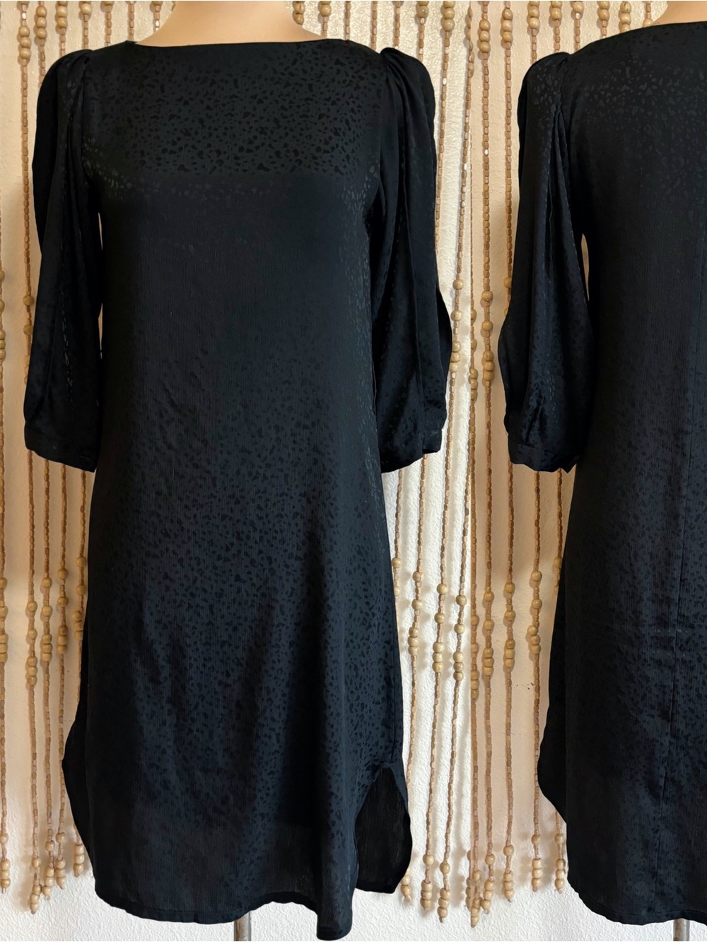 Vintage 1980s Katie MFG Black Dotted Puff Half Sleeve Midi Shift Mock Neck Dress